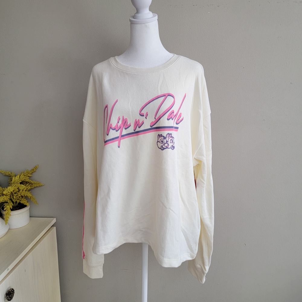 Disney Parks Chip And Dale Cream Long Sleeve Tee with Pink Script Size 1XL